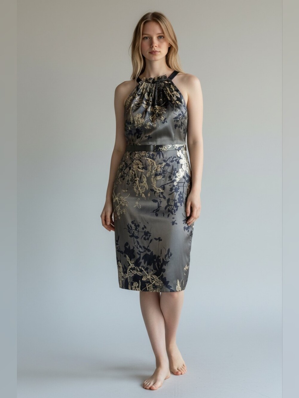 Tahari Gold & Gray Metallic Floral Halter Midi Dress